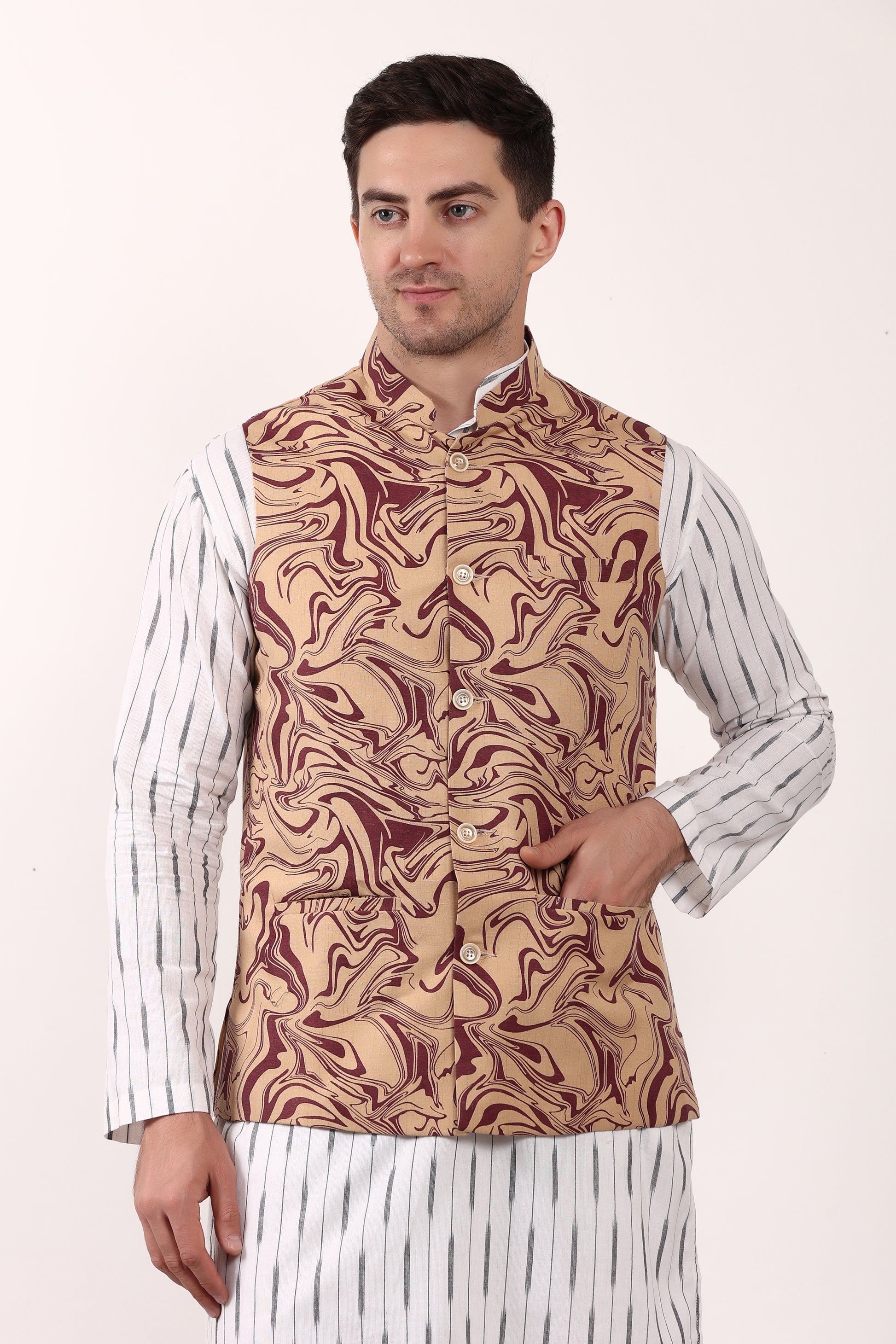 Printed Cotton Self Design Waistcoat/Jacket (Maroon)