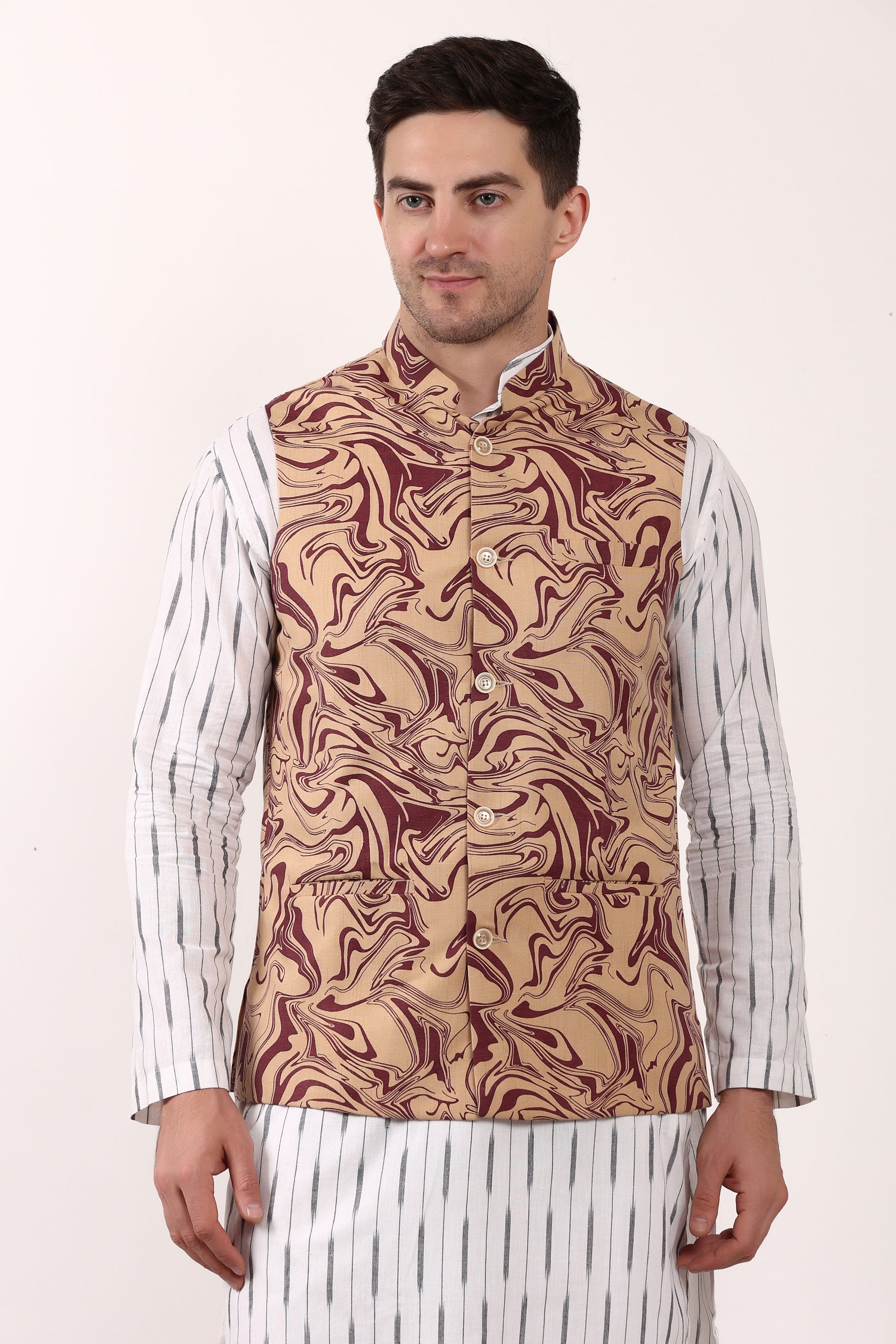 Printed Cotton Self Design Waistcoat/Jacket (Maroon)