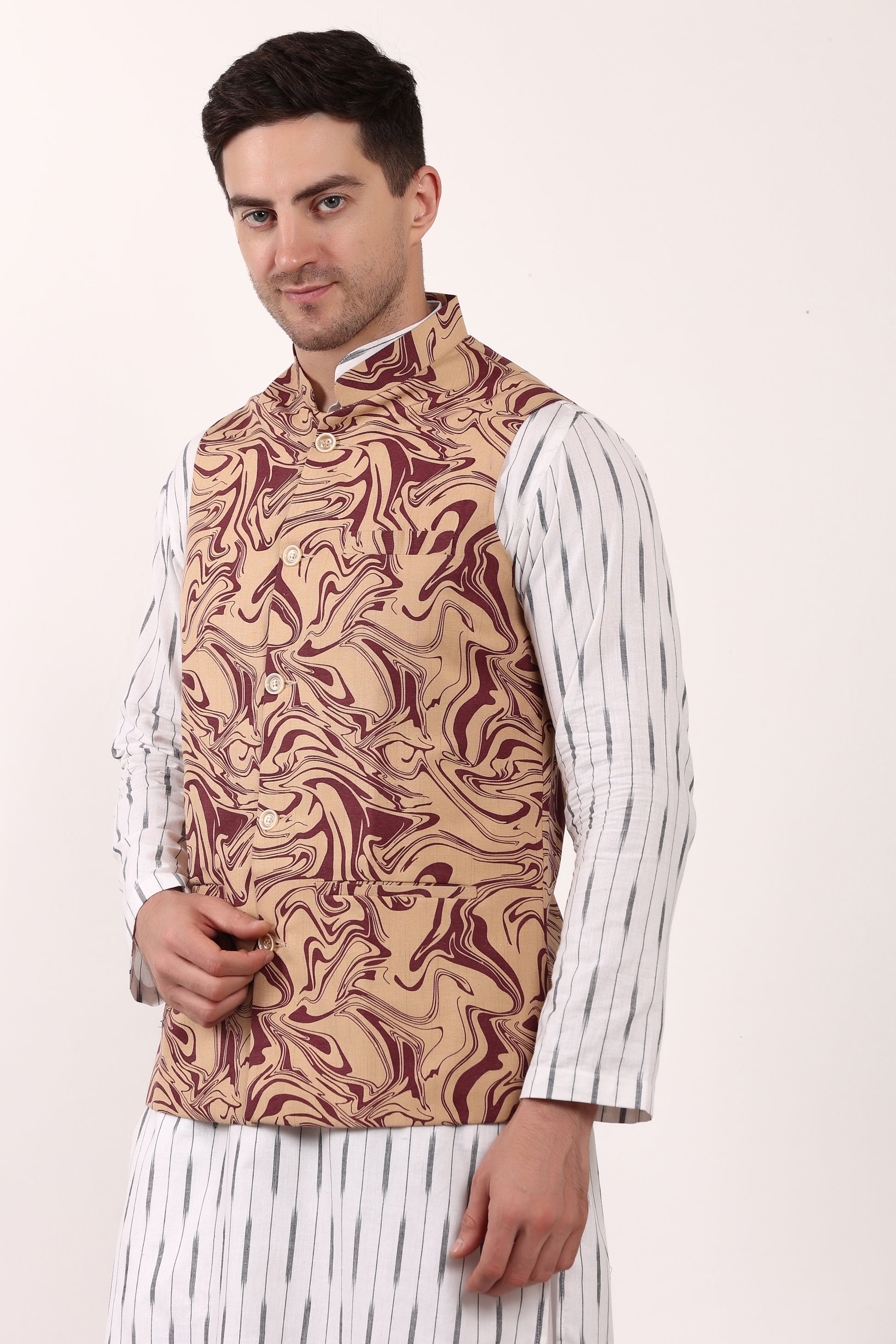 Printed Cotton Self Design Waistcoat/Jacket (Maroon)
