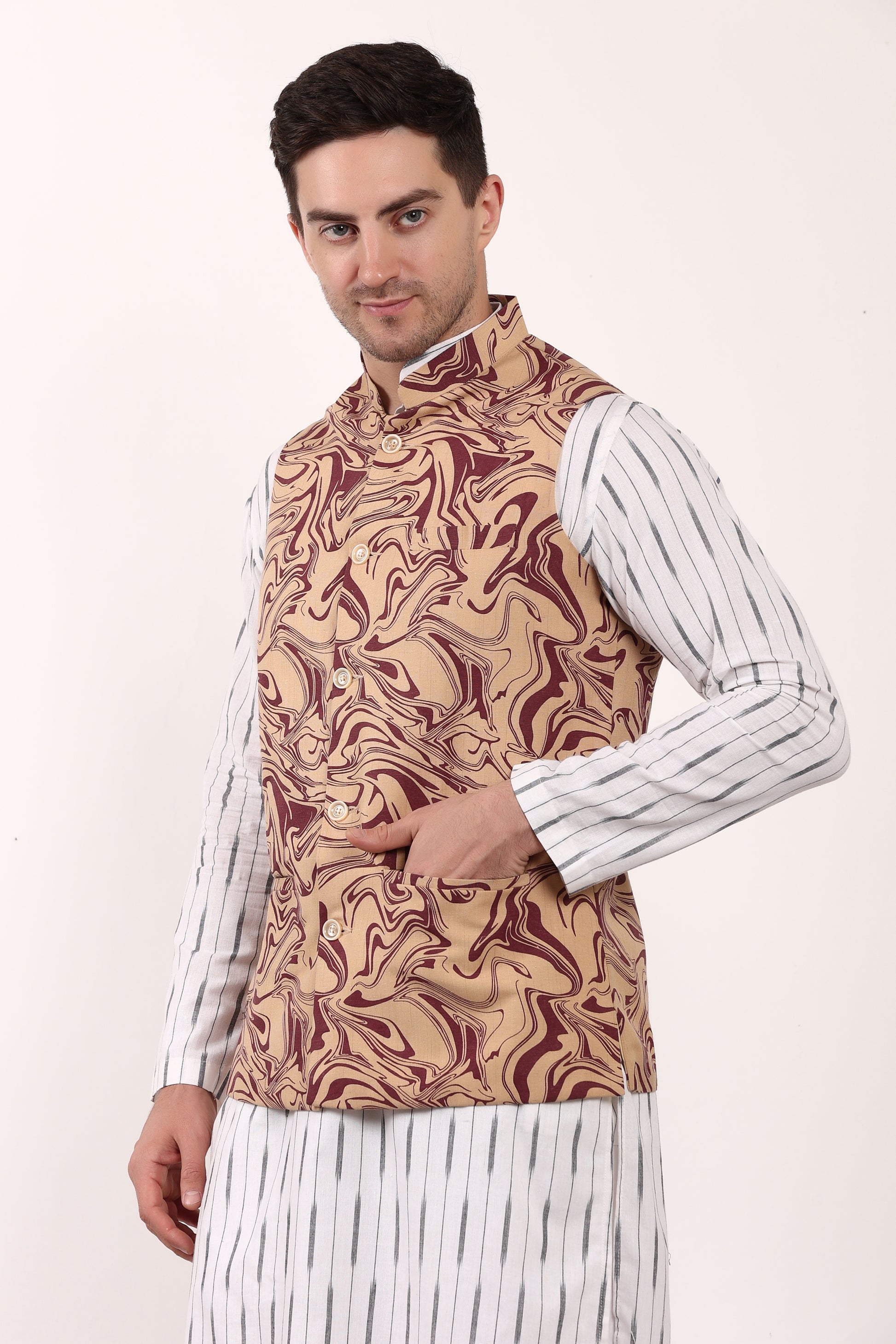 Printed Cotton Self Design Waistcoat/Jacket (Maroon)