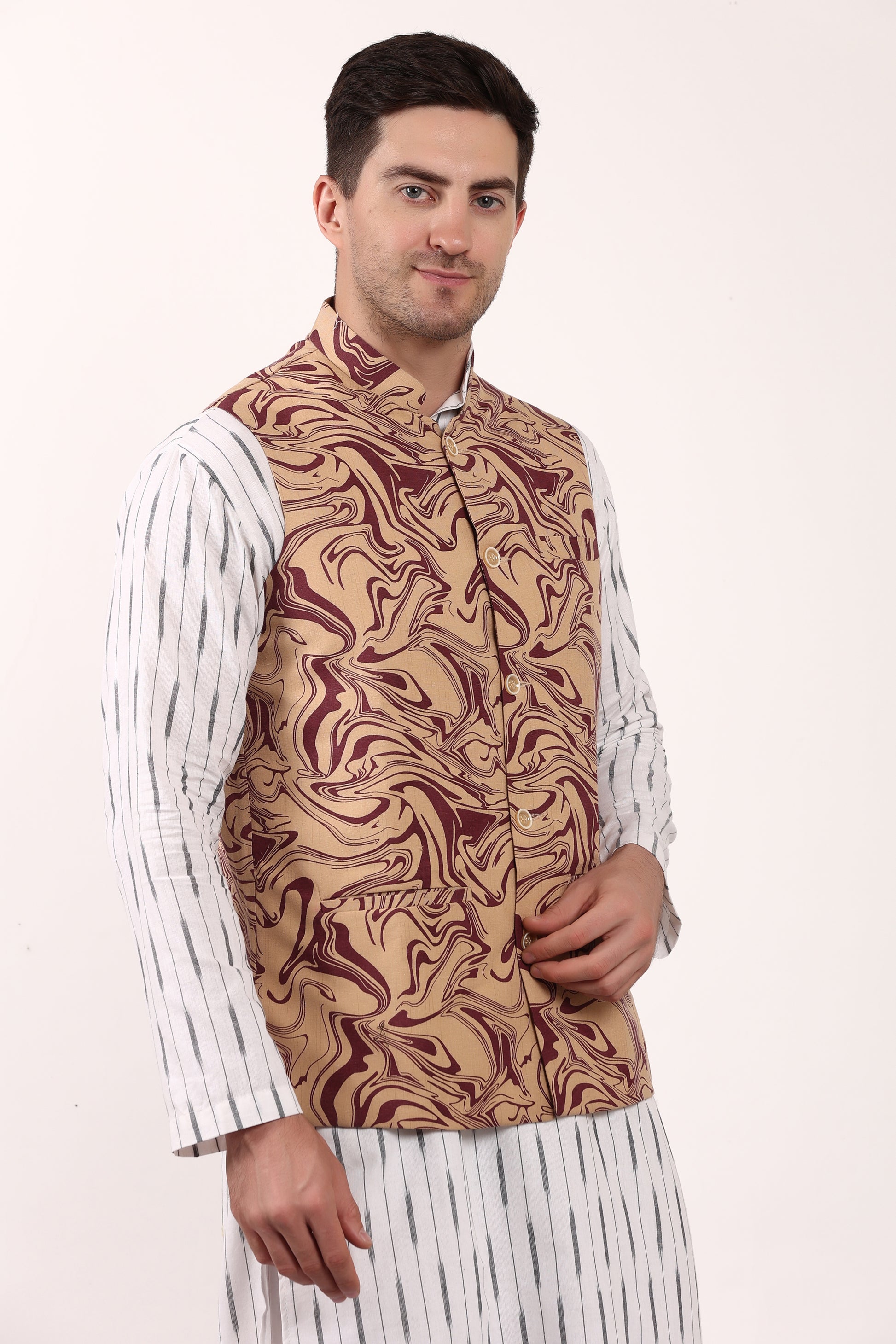 Printed Cotton Self Design Waistcoat/Jacket (Maroon)