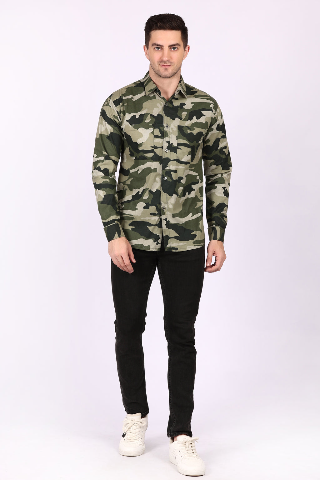 Army Print Casual Shirt Black Cotton Blend Fabric