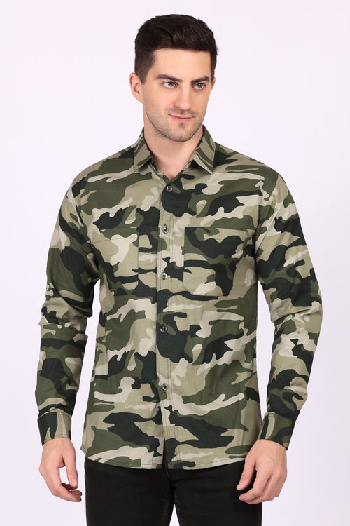 Army Print Casual Shirt Black Cotton Blend Fabric