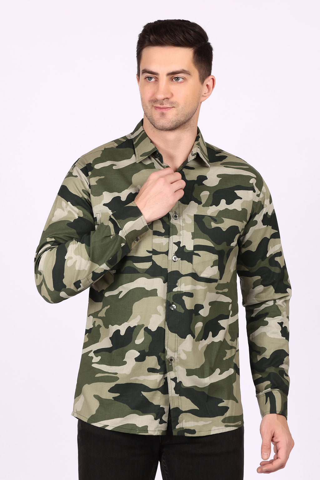 Army Print Casual Shirt Black Cotton Blend Fabric
