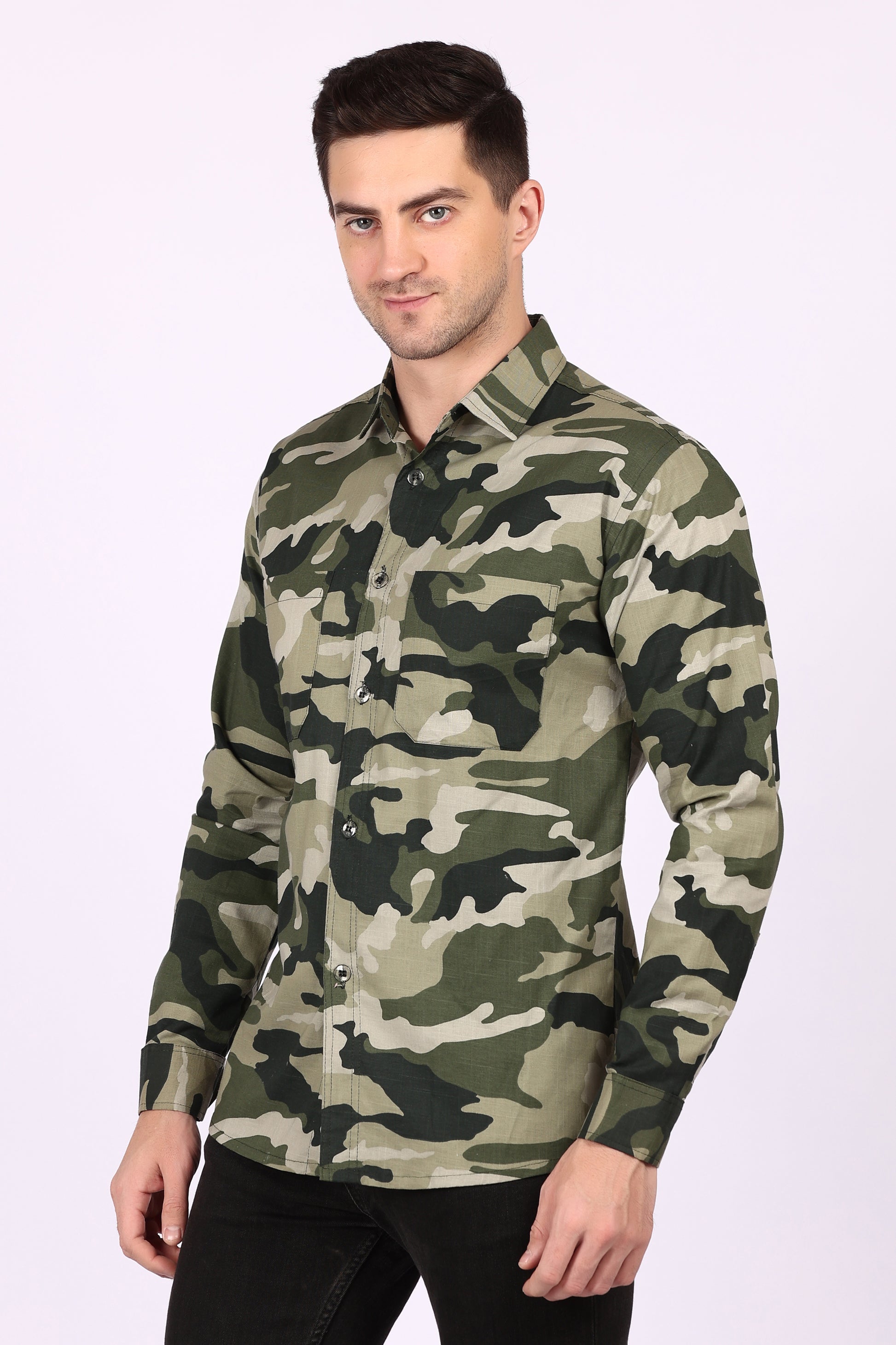 Army Print Casual Shirt Black Cotton Blend Fabric