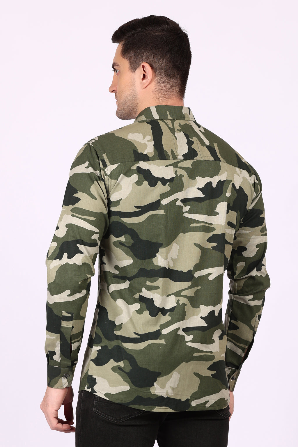 Army Print Casual Shirt Black Cotton Blend Fabric