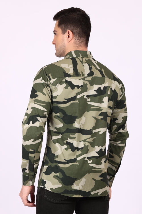 Army Print Casual Shirt Black Cotton Blend Fabric