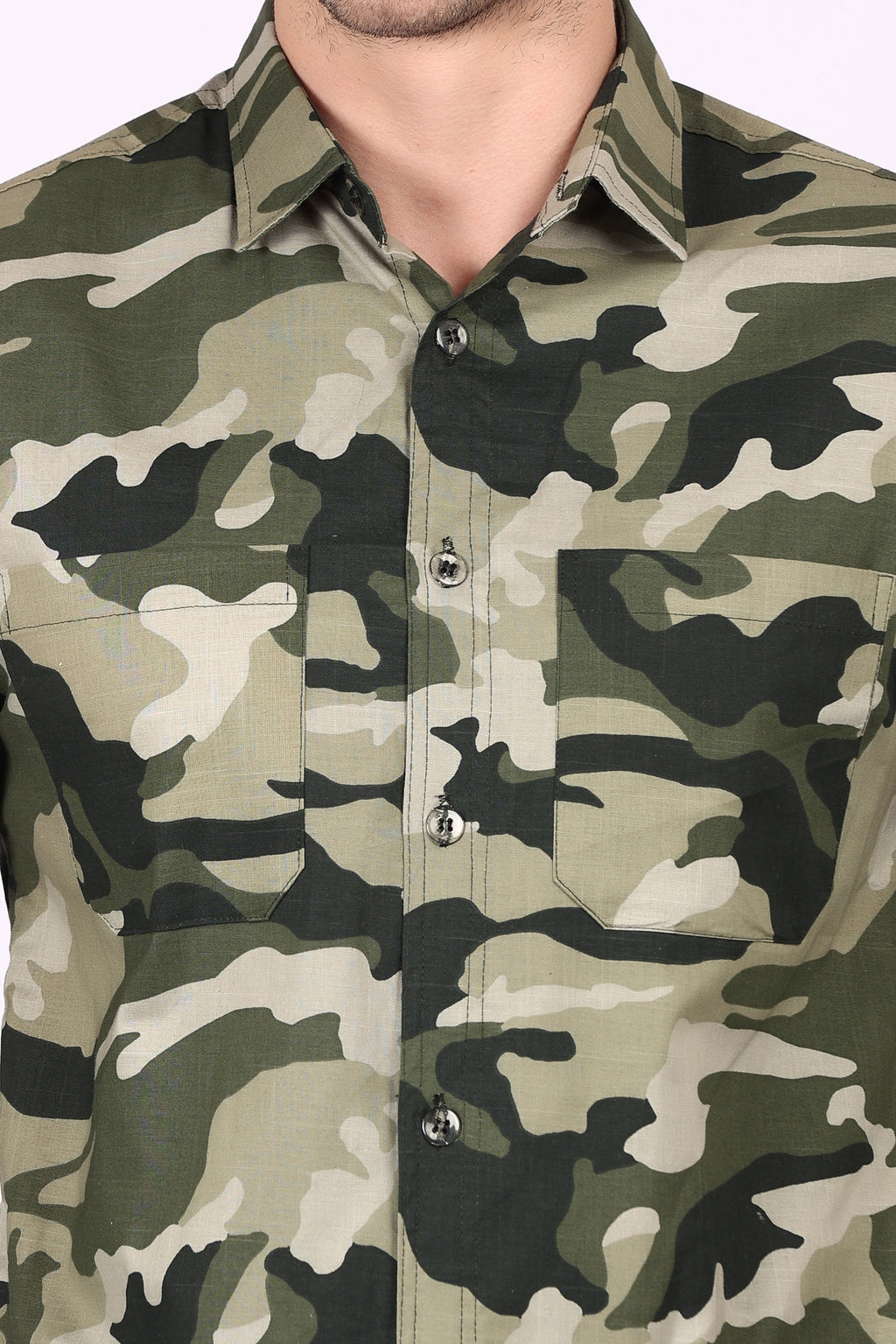 Army Print Casual Shirt Black Cotton Blend Fabric