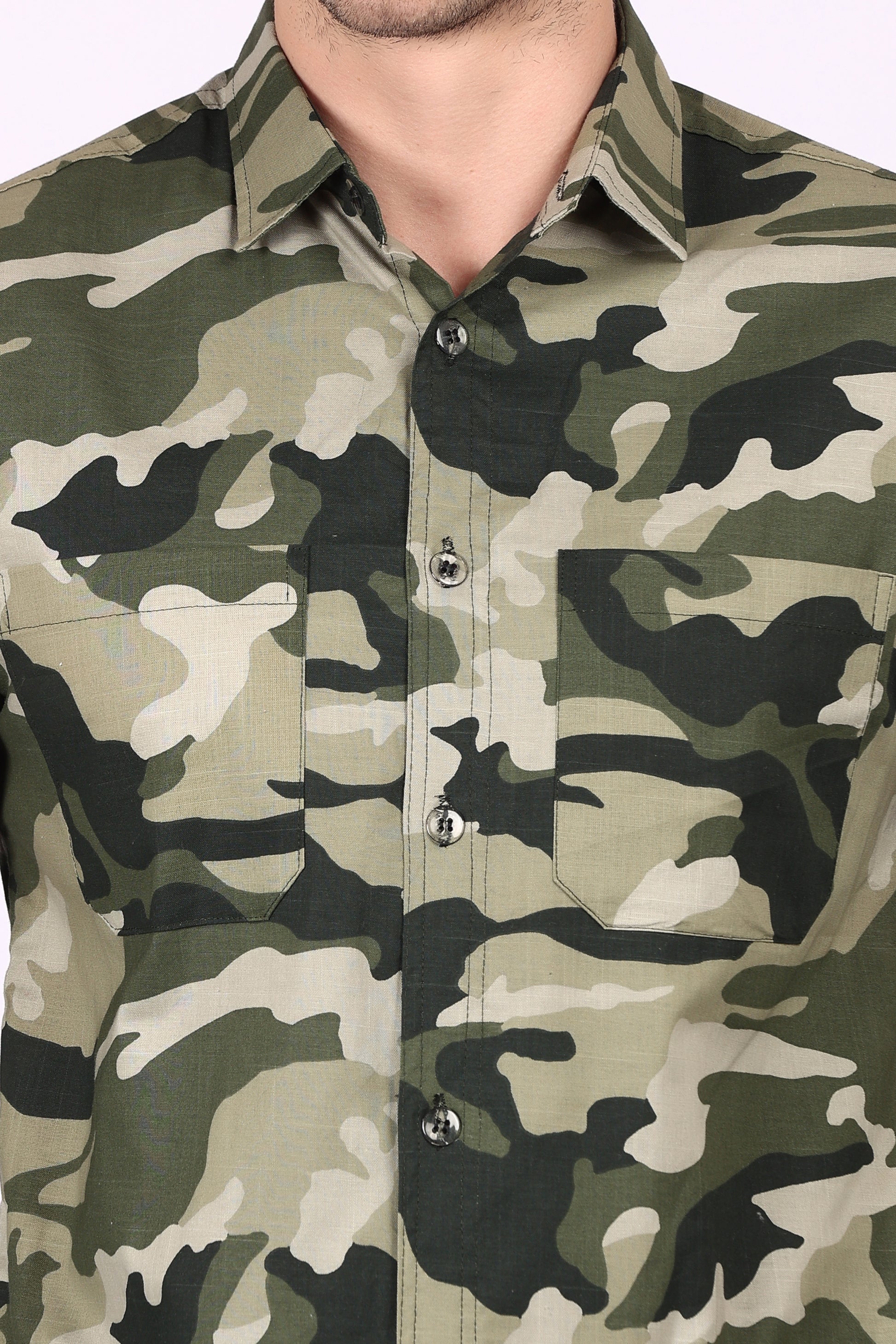 Army Print Casual Shirt Black Cotton Blend Fabric