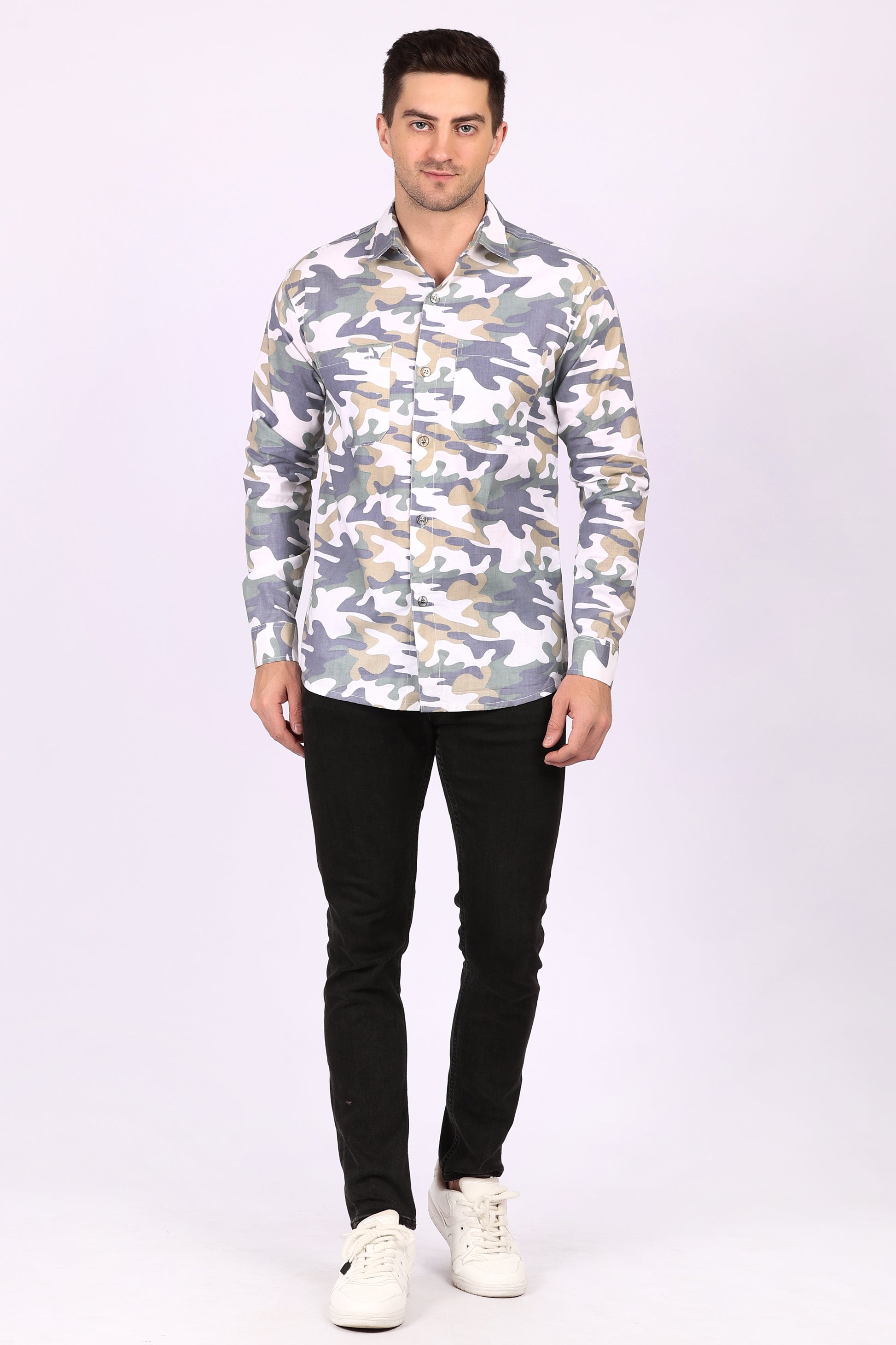Army Print Casual Shirt White Cotton Blend Fabric