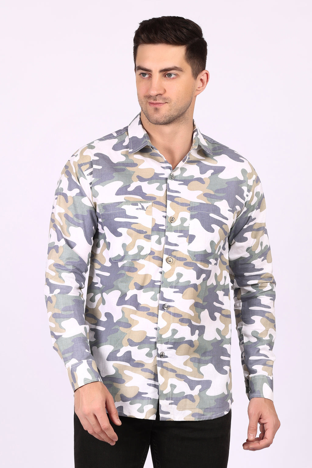 Army Print Casual Shirt White Cotton Blend Fabric