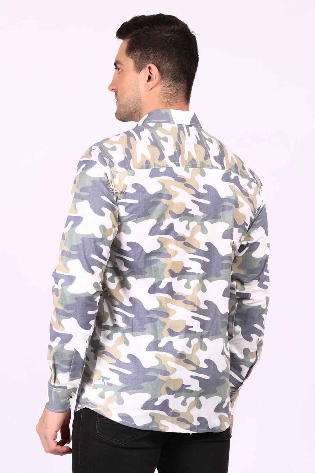 Army Print Casual Shirt White Cotton Blend Fabric