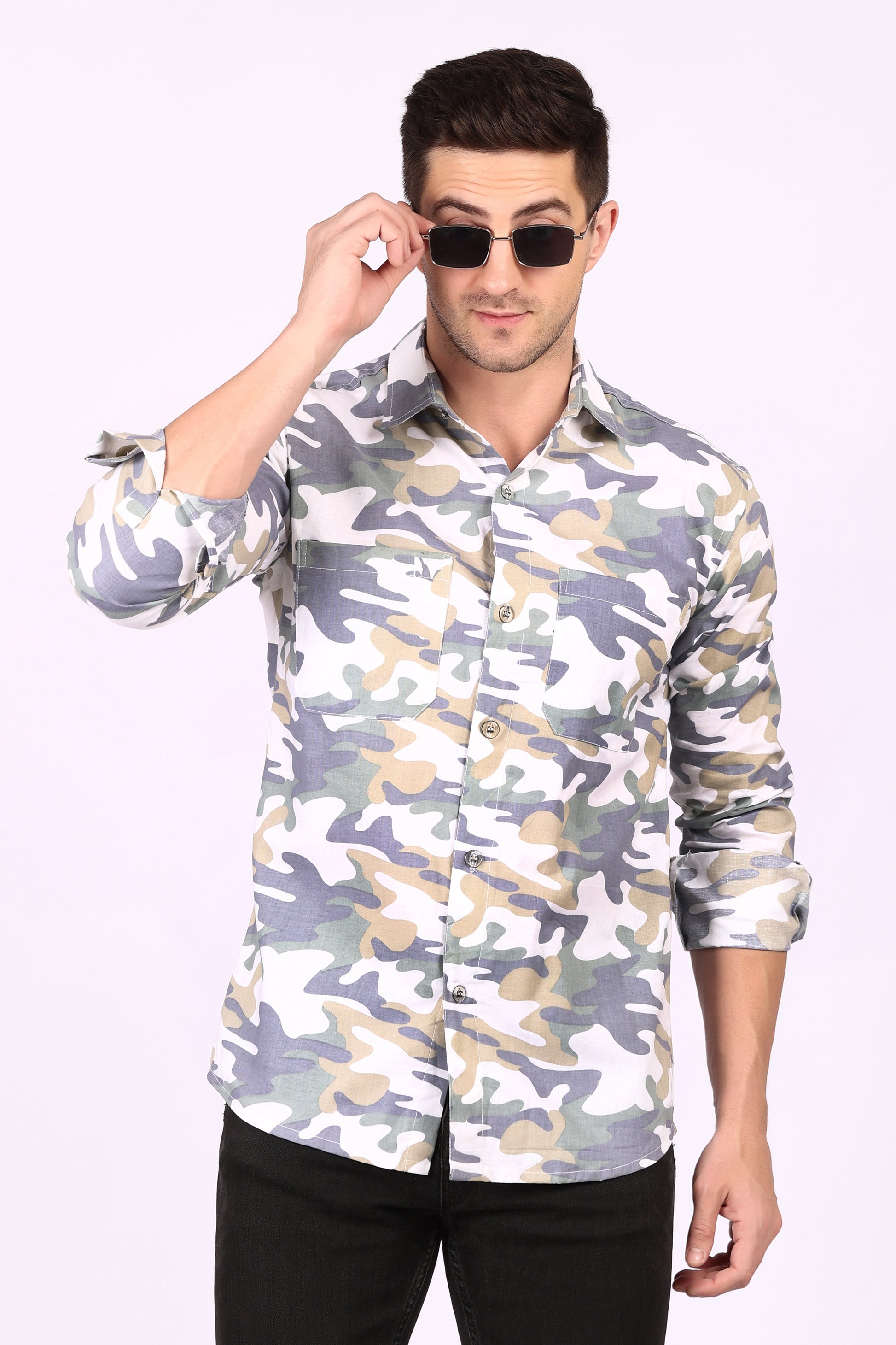 Army Print Casual Shirt White Cotton Blend Fabric