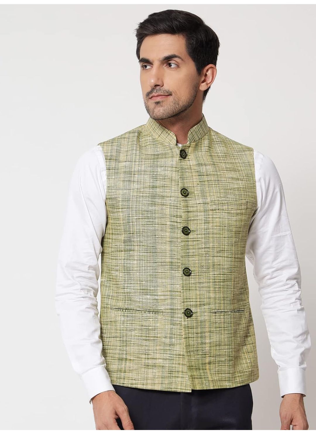 Pure Khadi Cotton Self Design Waistcoat/Jacket (Green)
