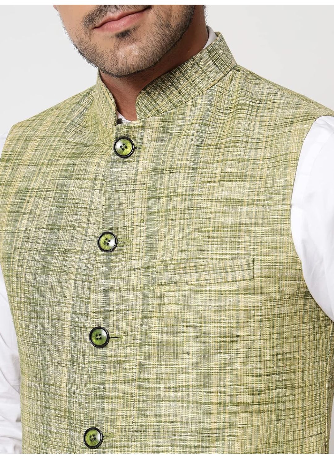 Pure Khadi Cotton Self Design Waistcoat/Jacket (Green)