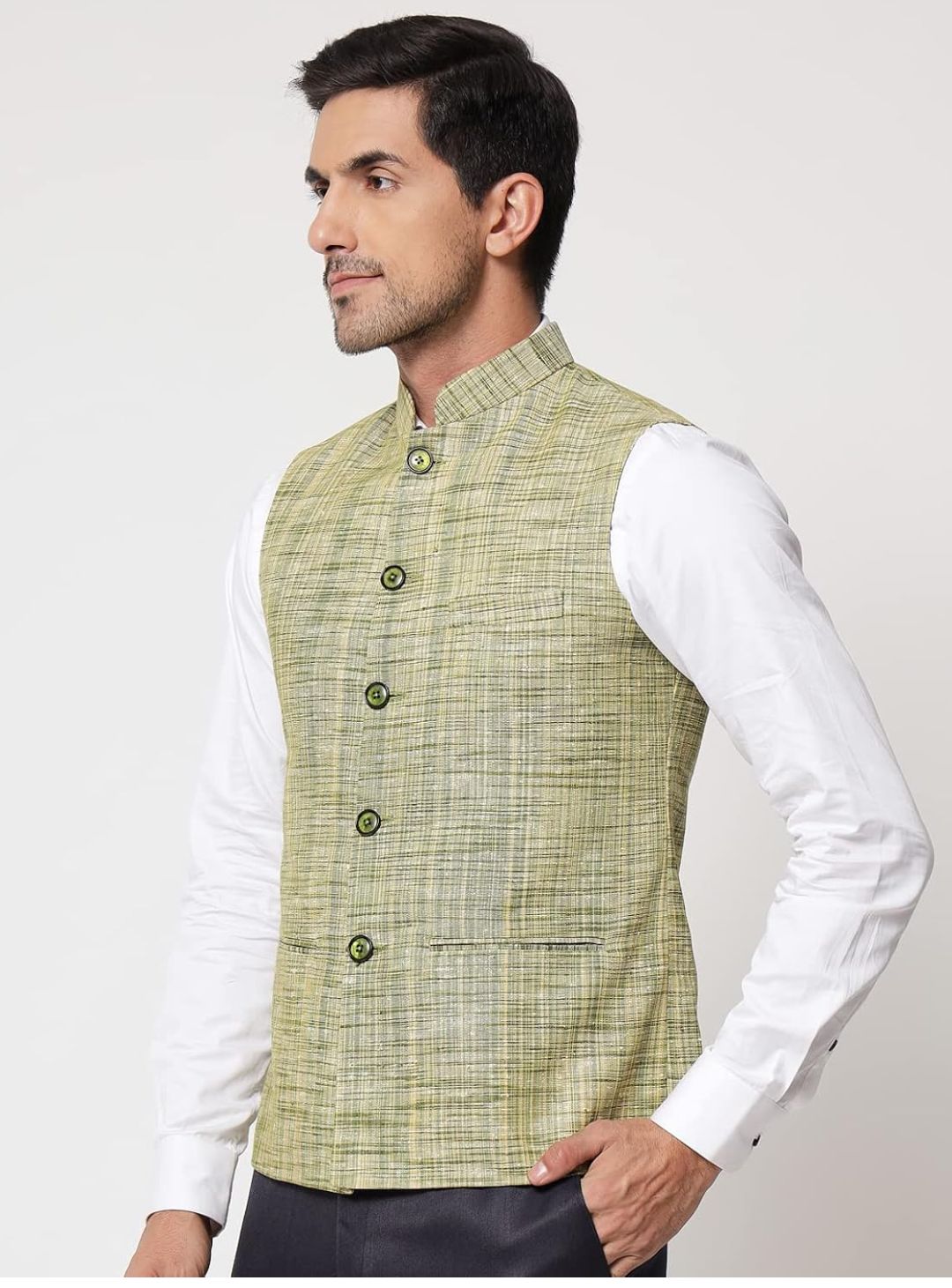 Pure Khadi Cotton Self Design Waistcoat/Jacket (Green)