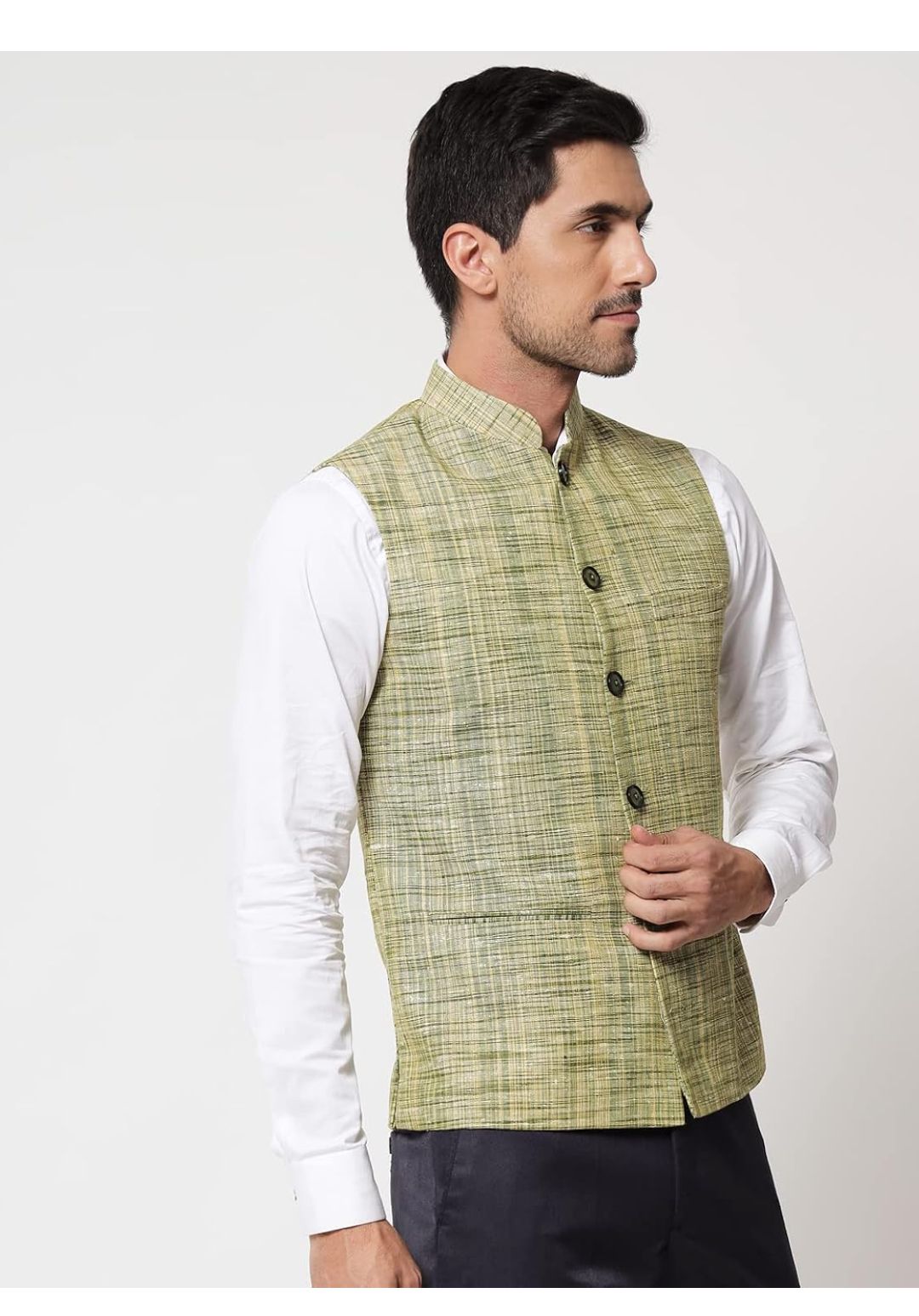 Pure Khadi Cotton Self Design Waistcoat/Jacket (Green)