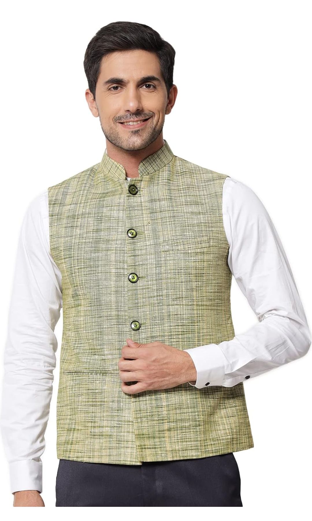 Pure Khadi Cotton Self Design Waistcoat/Jacket (Green)