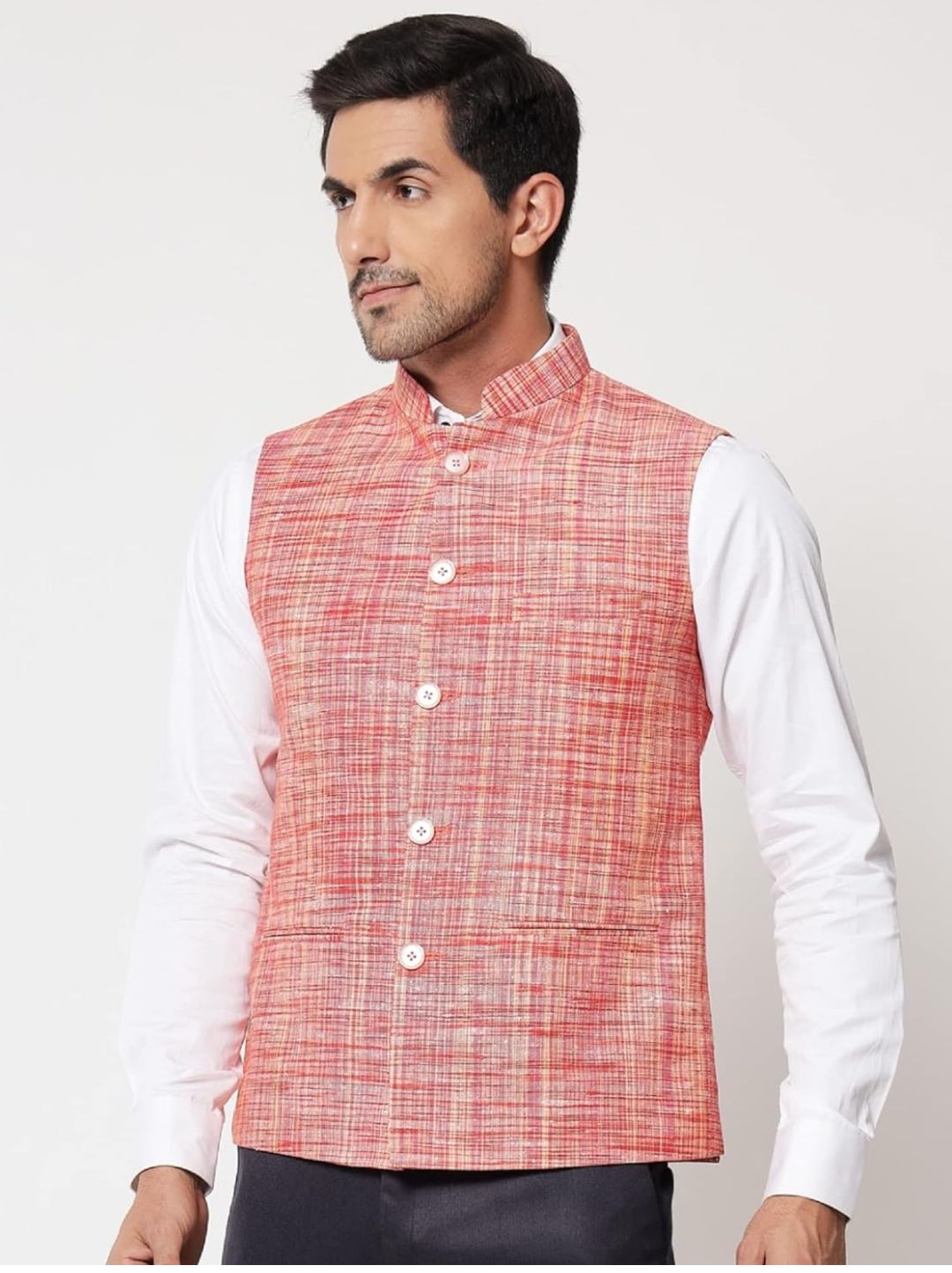 Pure Khadi Cotton Self Design Waistcoat/Jacket (Orange)