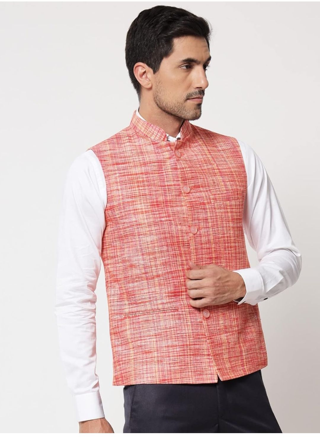 Pure Khadi Cotton Self Design Waistcoat/Jacket (Orange)