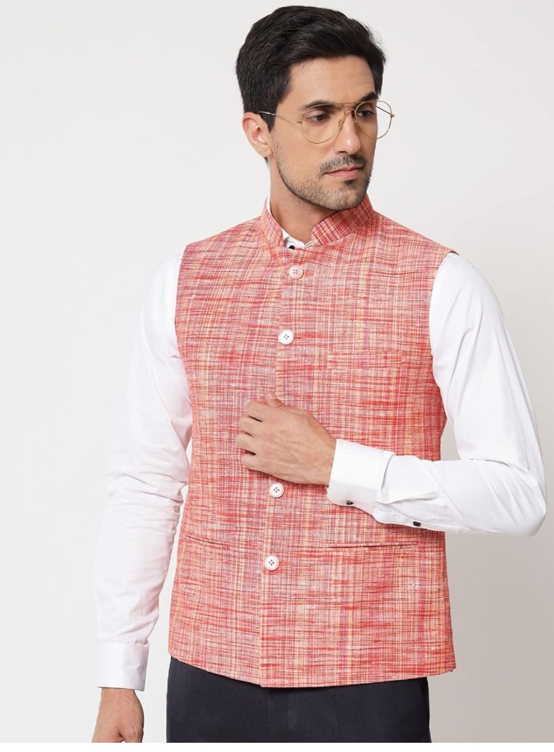 Pure Khadi Cotton Self Design Waistcoat/Jacket (Orange)