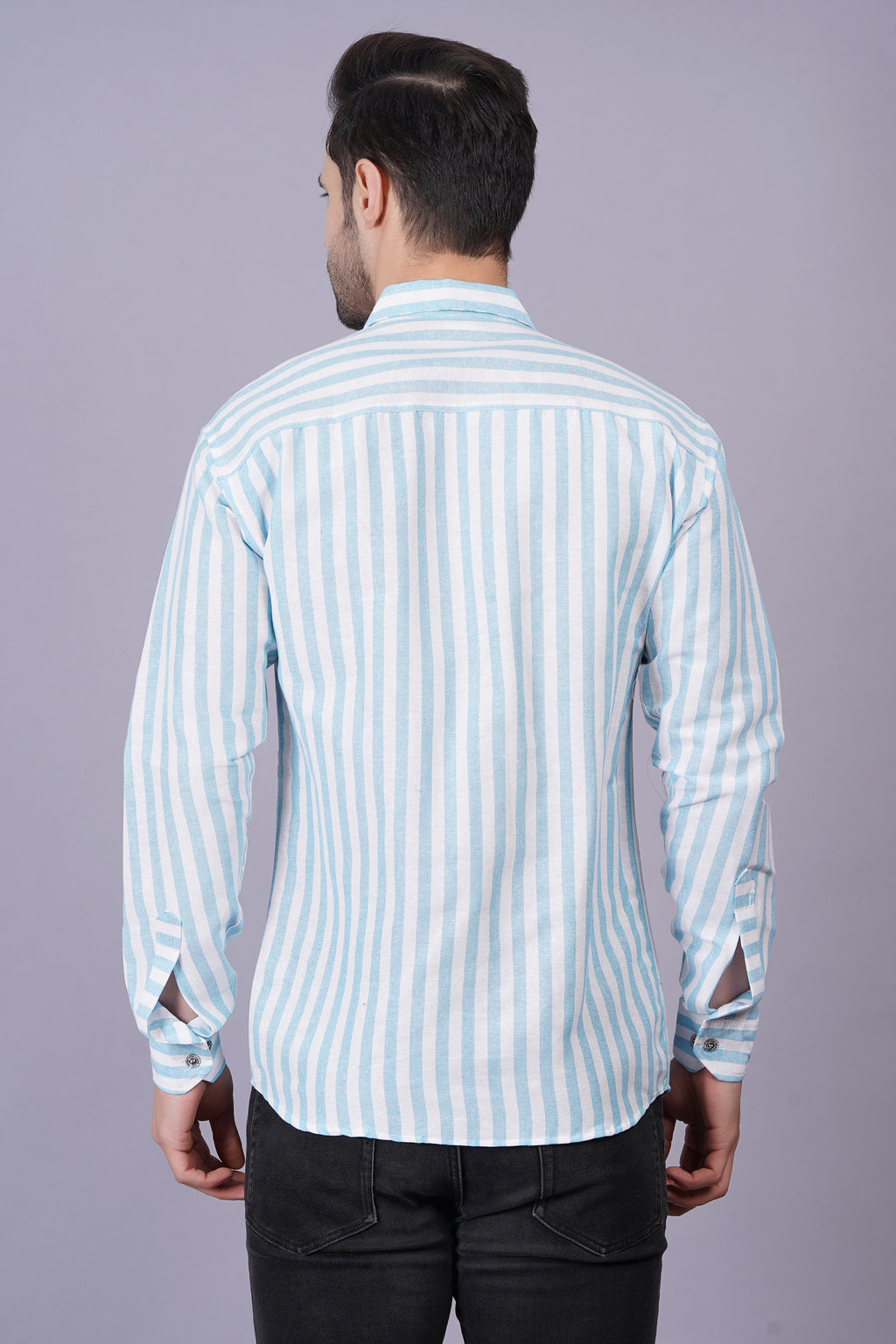 Blue Khadi Cotton Fabric Full Sleeves Striped Men's Shirt