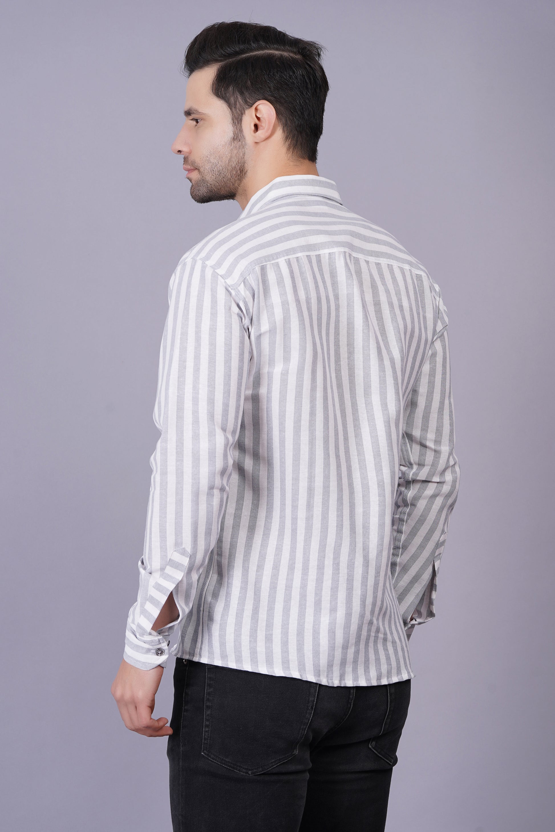 Grey Khadi Cotton Fabric Full Sleeves Striped Men's Shirt