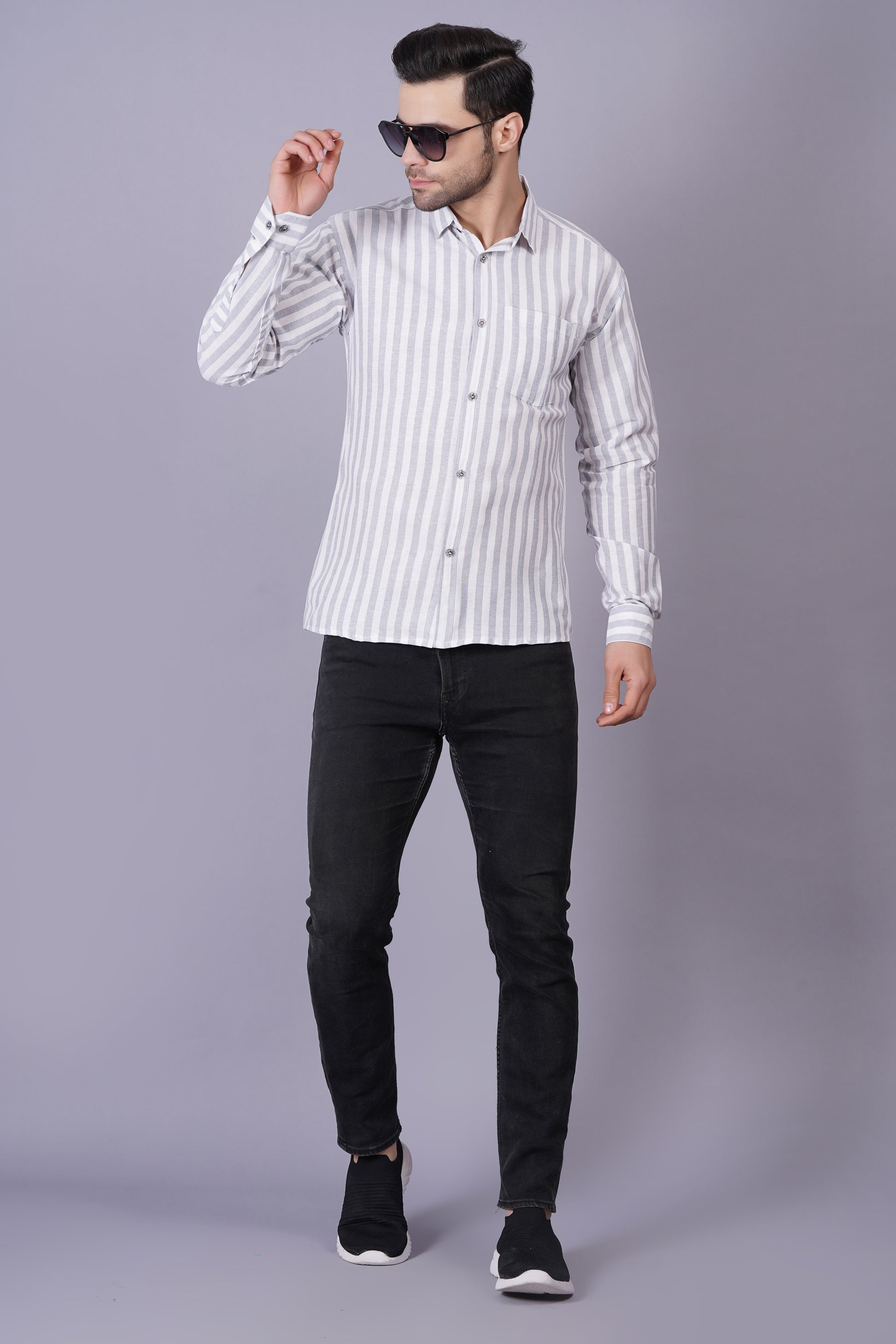Grey Khadi Cotton Fabric Full Sleeves Striped Men's Shirt