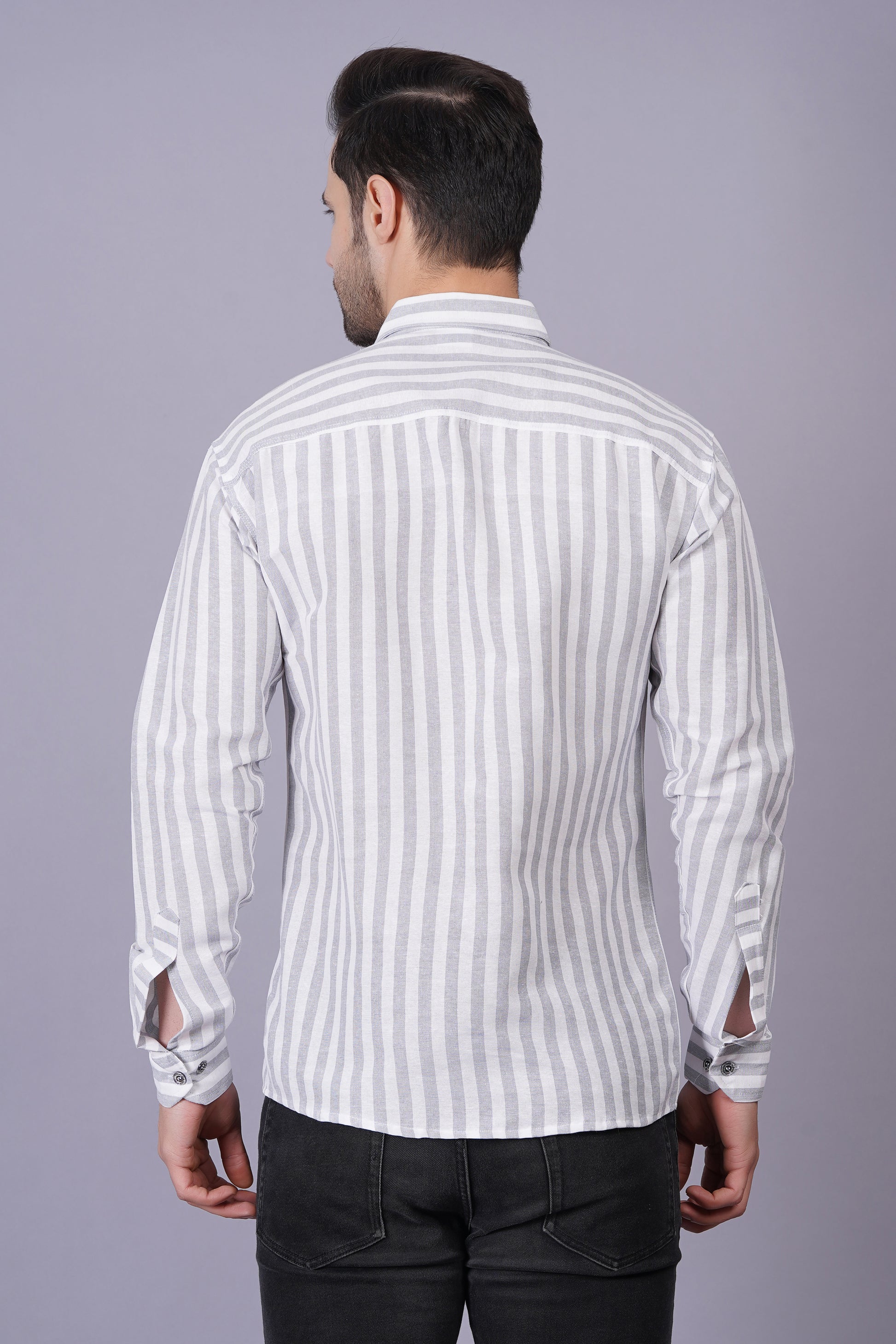 Grey Khadi Cotton Fabric Full Sleeves Striped Men's Shirt