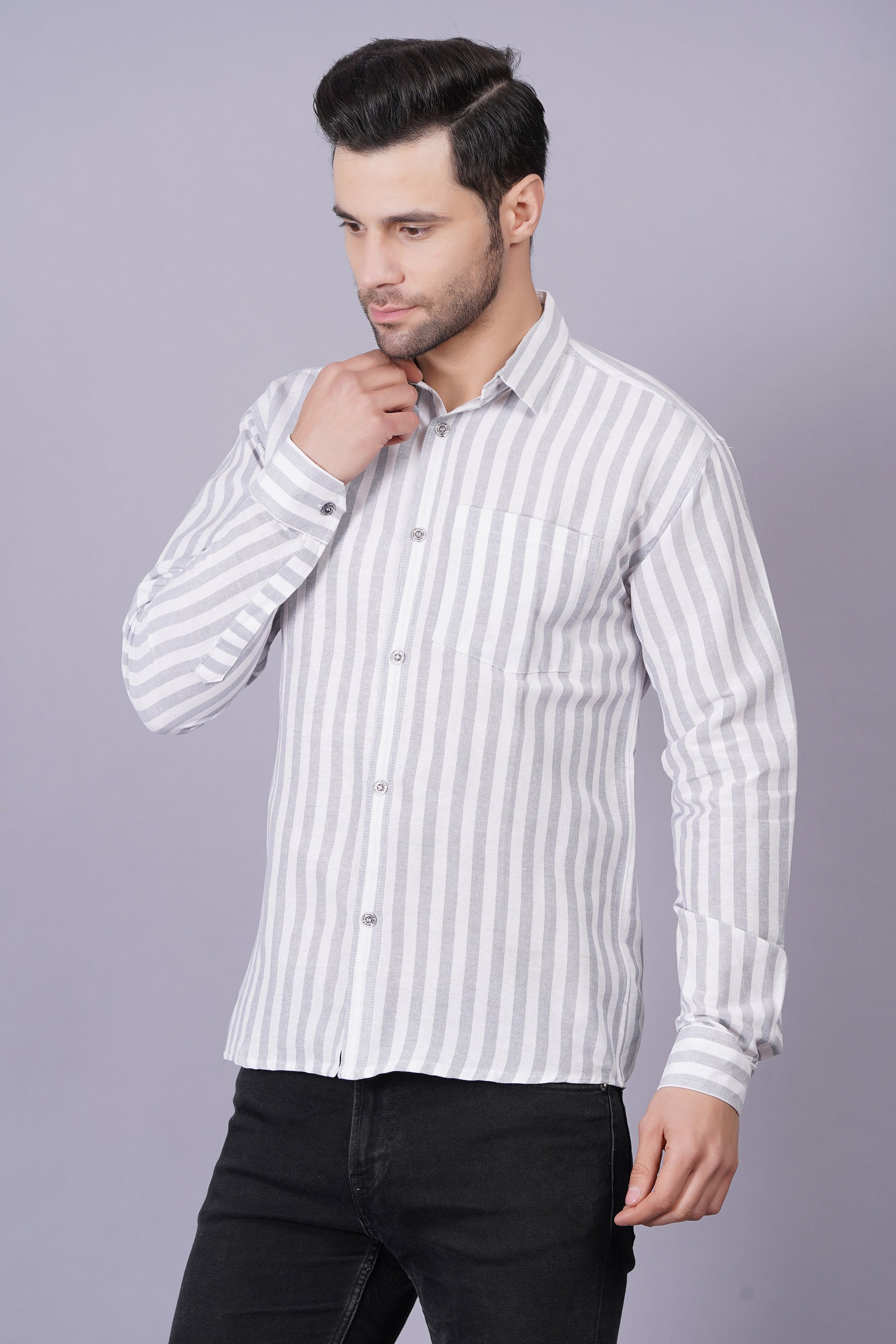 Grey Khadi Cotton Fabric Full Sleeves Striped Men's Shirt