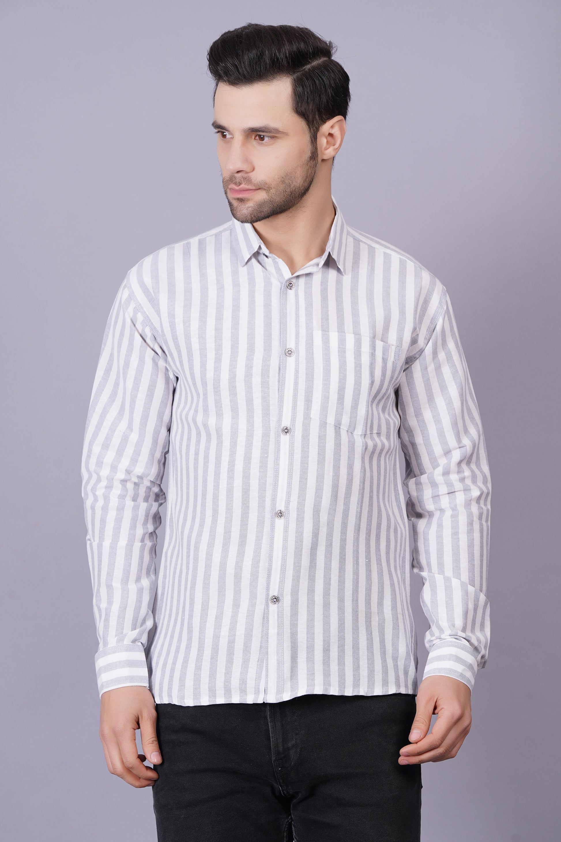 Grey Khadi Cotton Fabric Full Sleeves Striped Men's Shirt